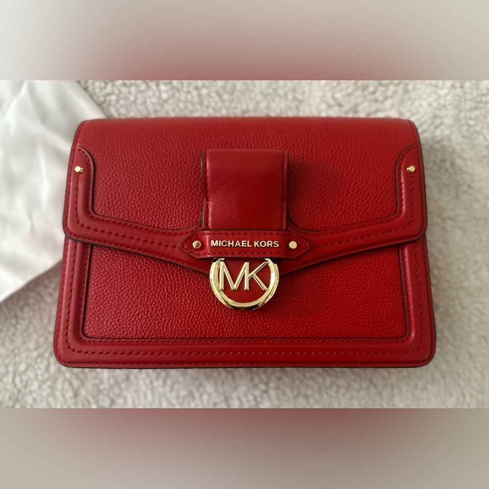 Michael Kors Jessie Bright Red Pebbled Leather Shoulder Crossbody Bag NWT - Picture 5 of 8